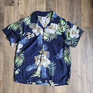 Hawaiian Hangover Kids Size 12 Navy Button-up Shirt With Floral Print. Rayon